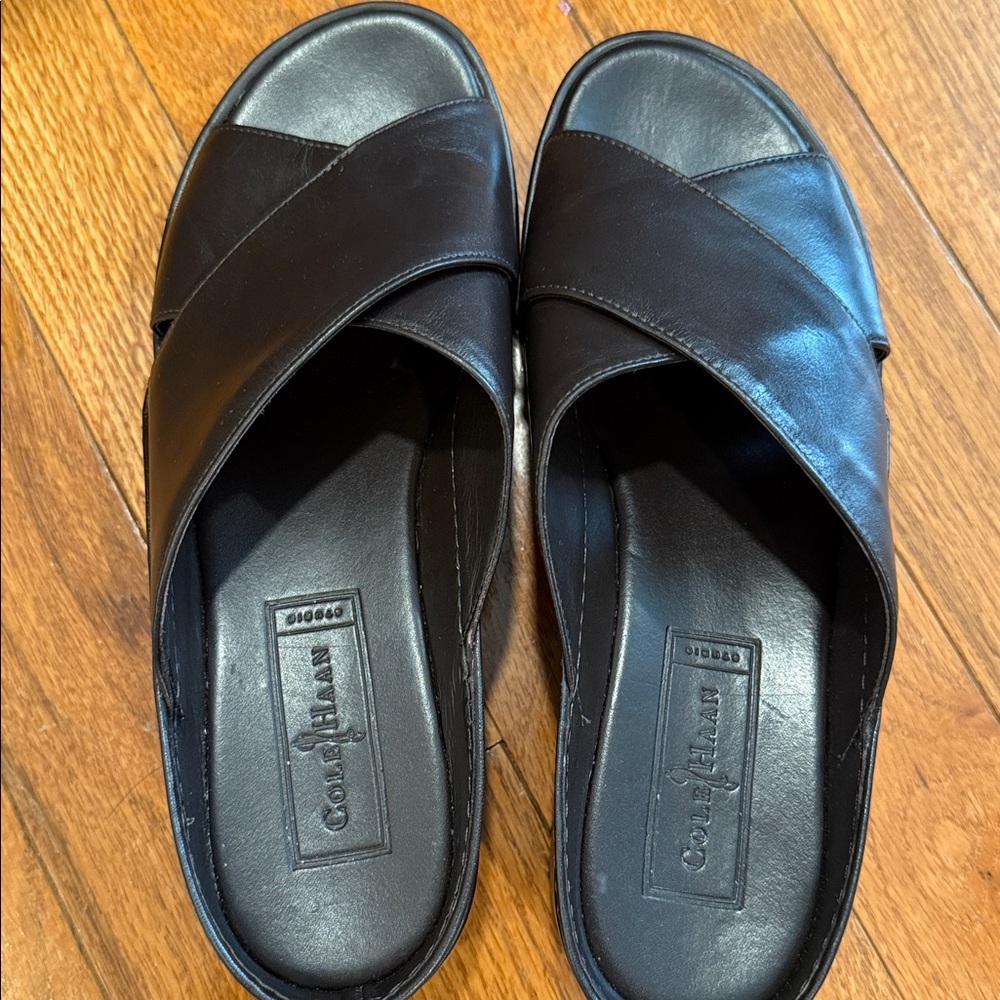 Cole Haan Brown Leather Cross Strap Slides
